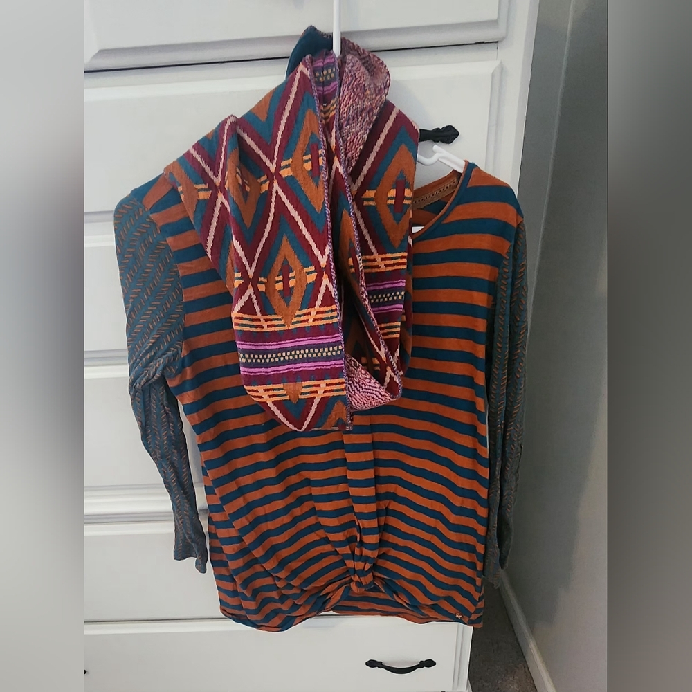 Matilda Jane 16 Orange Stripe Twist Tunic Pep Rally Shirt Top & Fall Feels Scarf